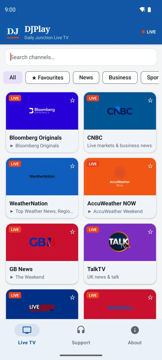 DJPlay channel grid — live channels with what's on now